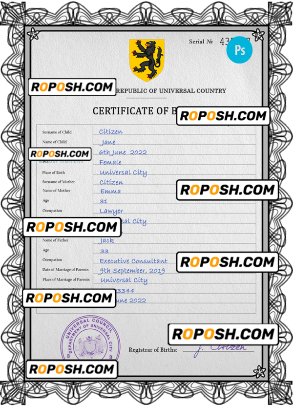 trident universal birth certificate PSD template, fully editable