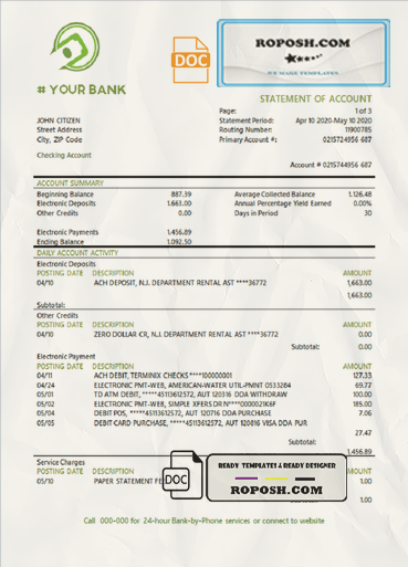 green west universal bank multipurpose statement template in Word format scan effect