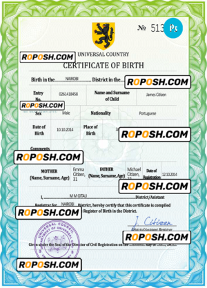 united assembly universal birth certificate PSD template, completely editable