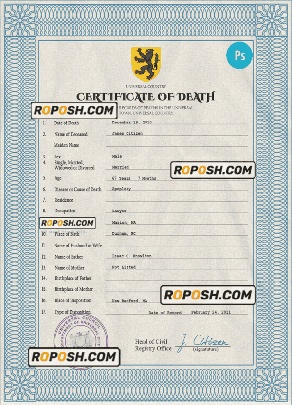 variety vital record death certificate universal PSD template