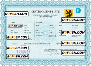 voice universal birth certificate PSD template, completely editable