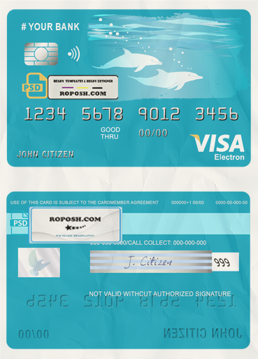 wander dolphins universal multipurpose bank visa electron credit card template in PSD format, fully editable scan effect