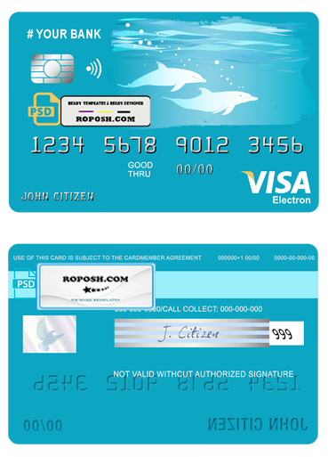 wander dolphins universal multipurpose bank visa electron credit card template in PSD format, fully editable