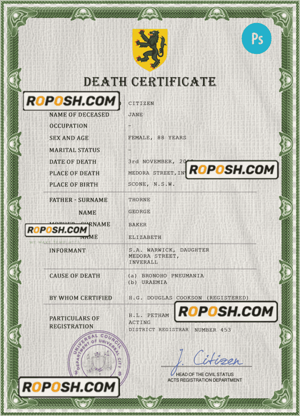 wisdom vital record death certificate universal PSD template