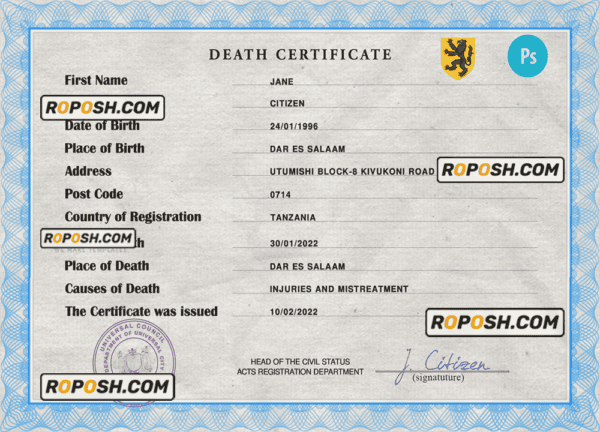 wise crowd death universal certificate PSD template, completely editable