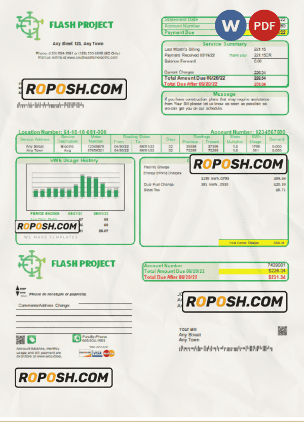 flash project universal multipurpose utility bill, Word and PDF template