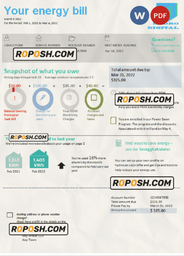 hydro digital universal multipurpose utility bill, Word and PDF template
