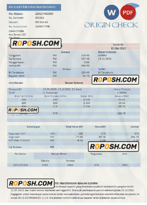 origin check universal multipurpose utility bill, Word and PDF template