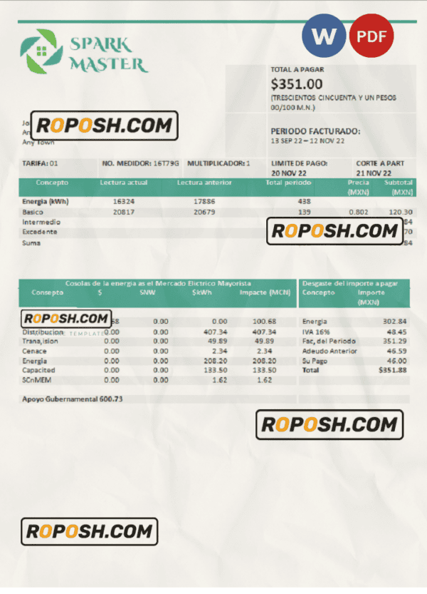 spark master universal multipurpose utility bill, Word and PDF template