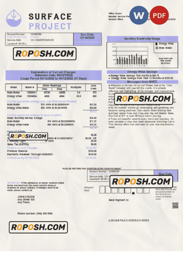 surface project universal multipurpose utility bill, Word and PDF template