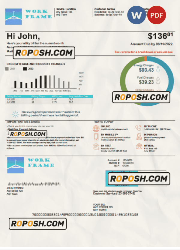 work frame universal multipurpose utility bill, Word and PDF template