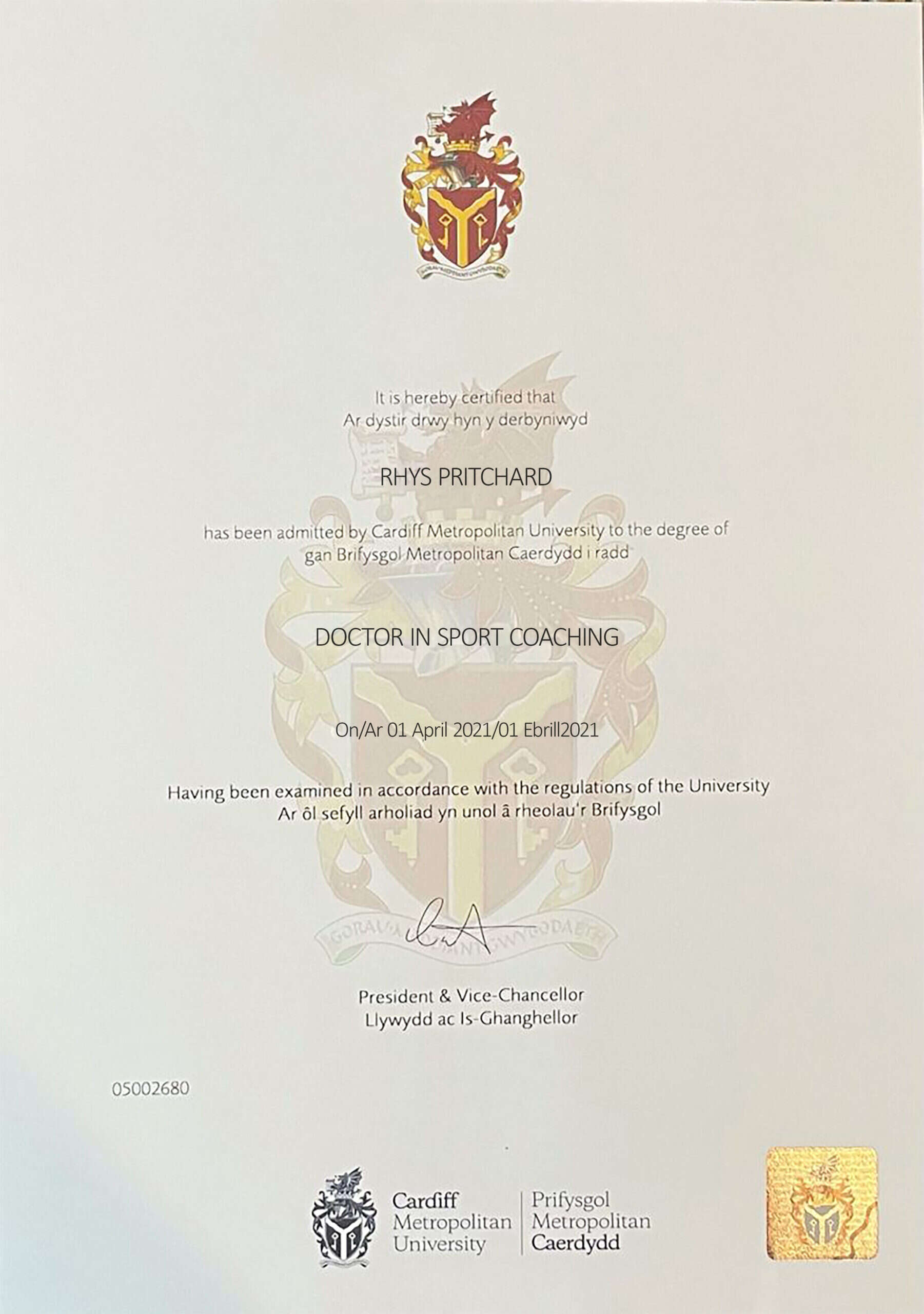 Editable Certificate from Cardiff Metropolitan University Template