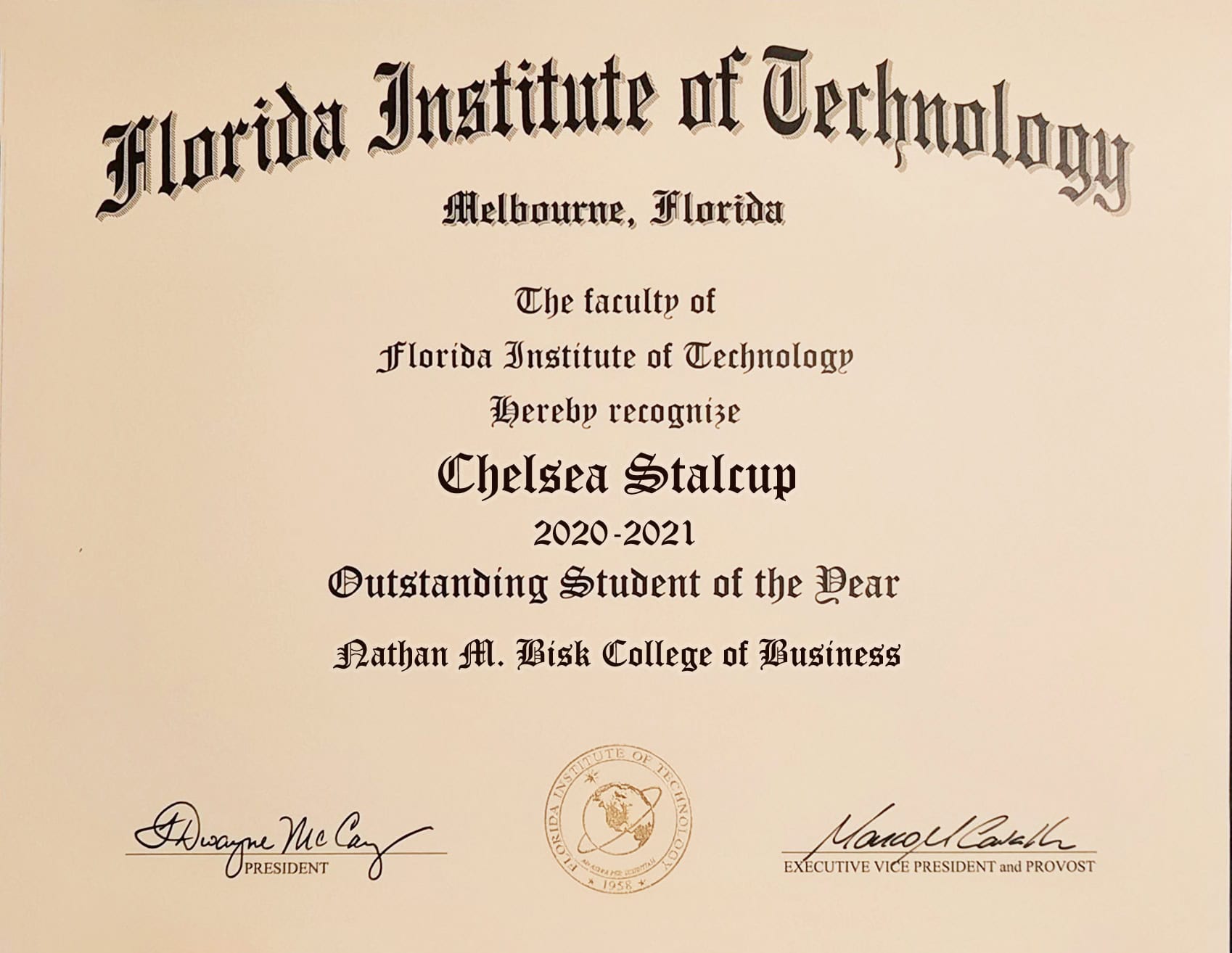 Editable Certificate from Florida Institute of Technology Template