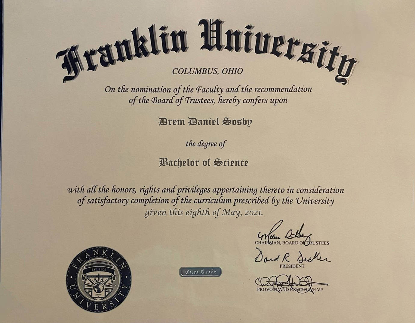 Editable Certificate from Franklin University Template