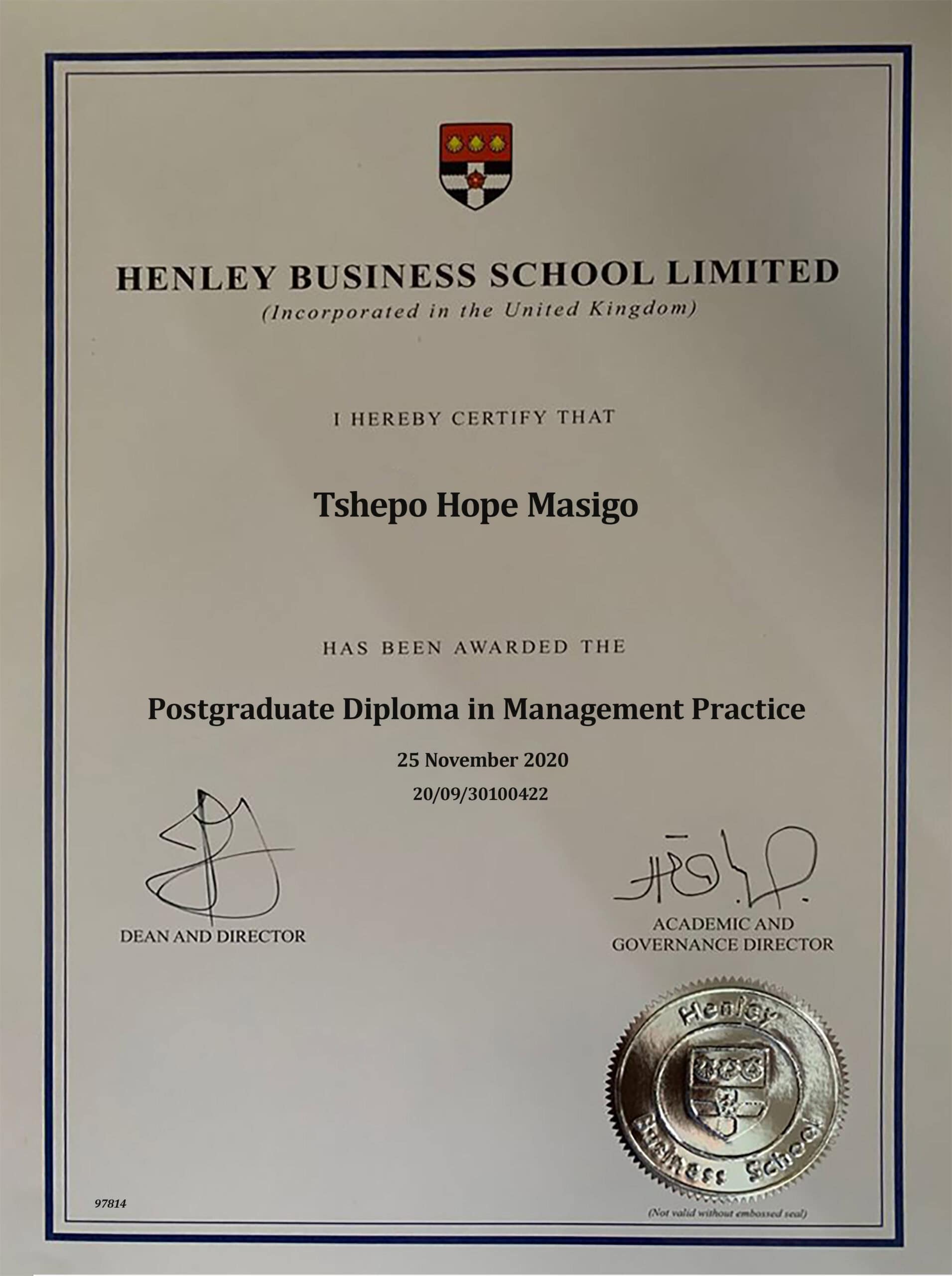 Editable Certificate from Henley Business School Template