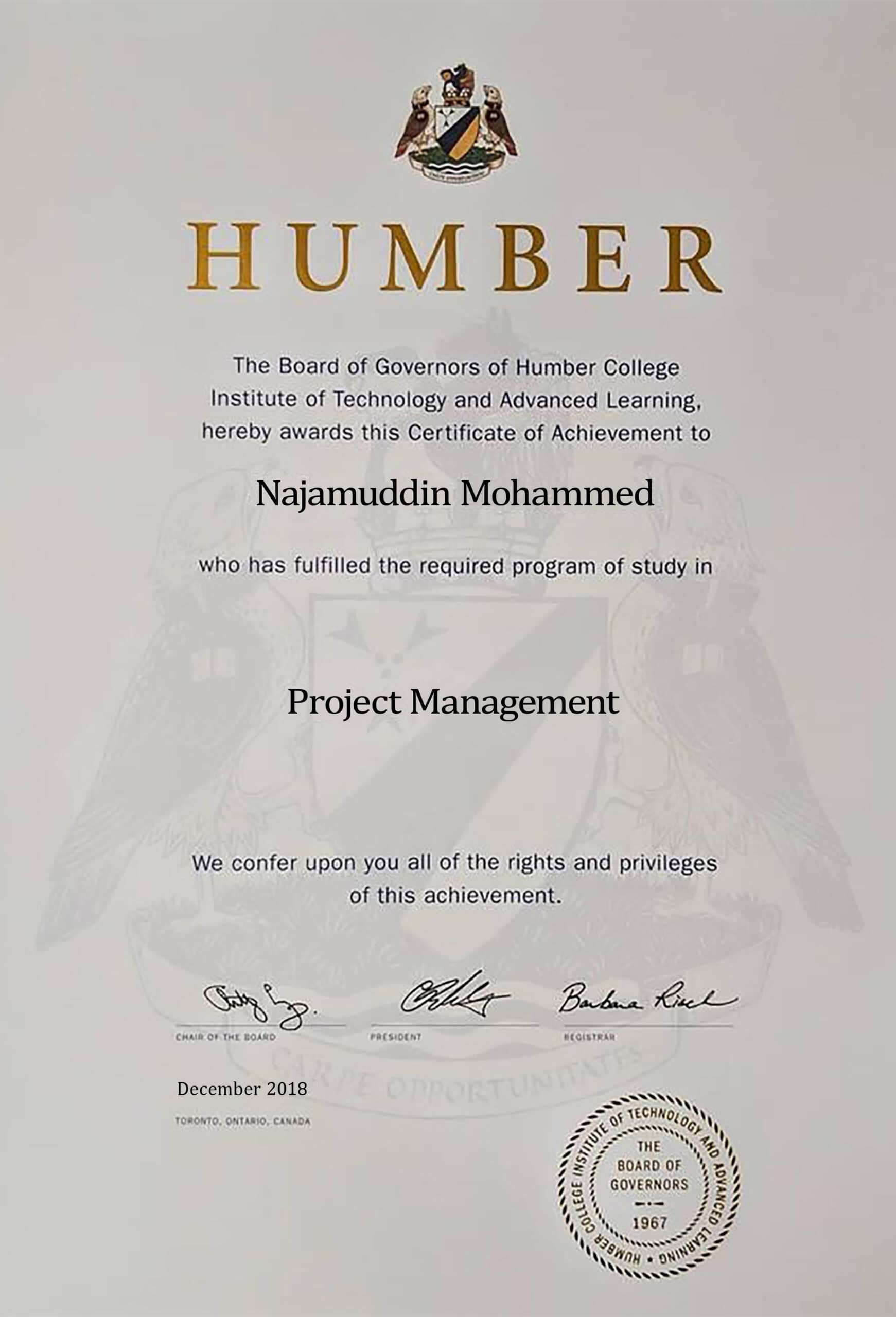 Editable Certificate from Humber College Template