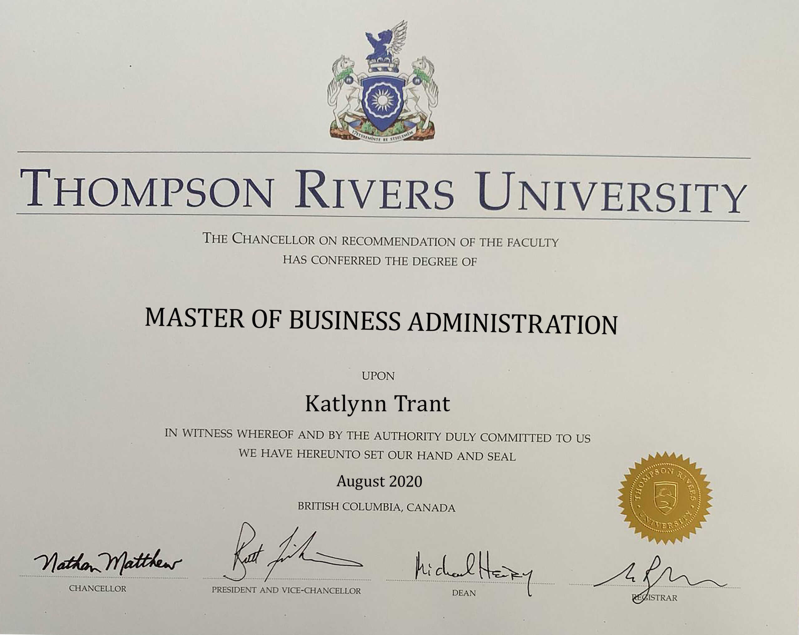 Editable Certificate from Thompson River University Template