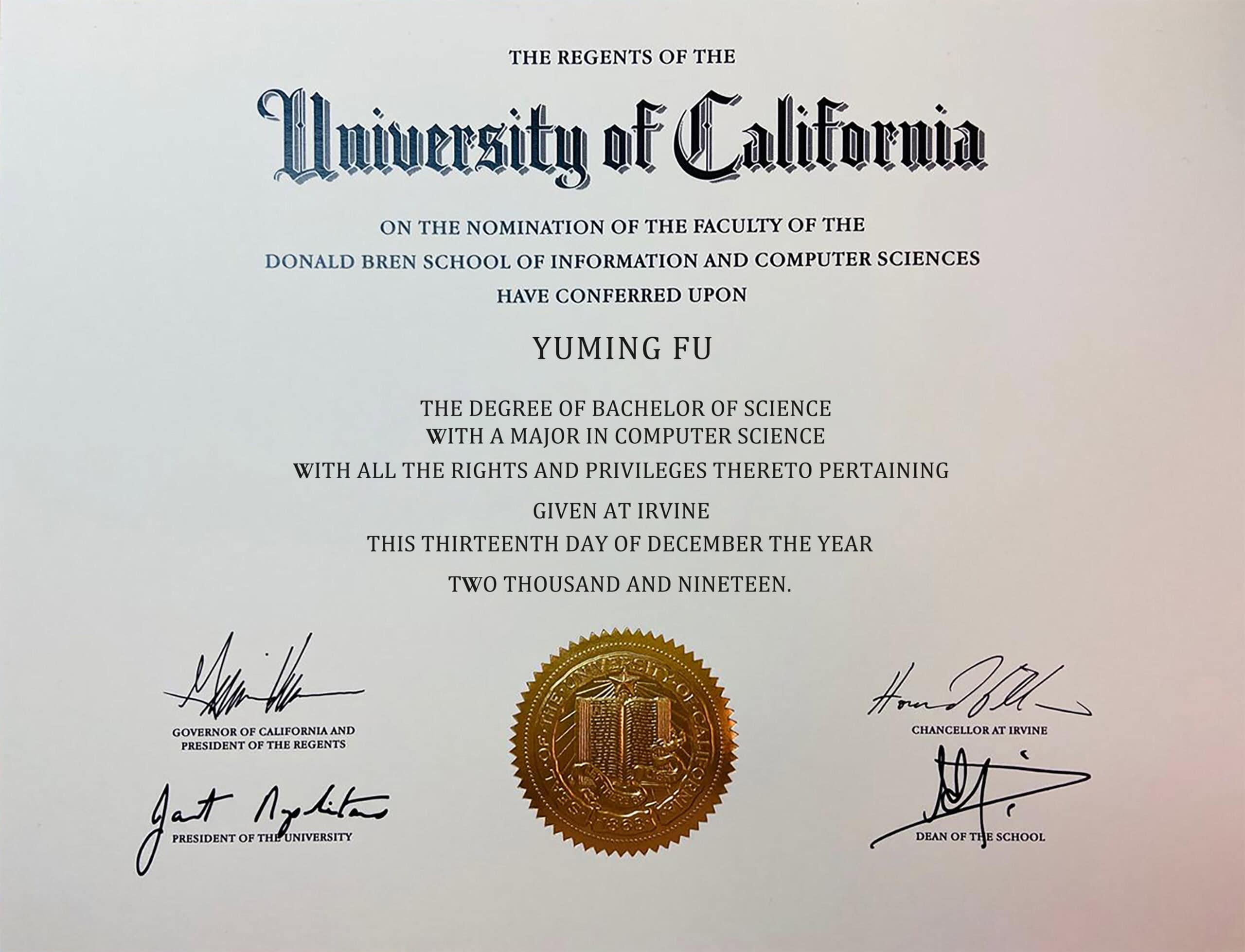 Editable Certificate from UC Irvine University Template