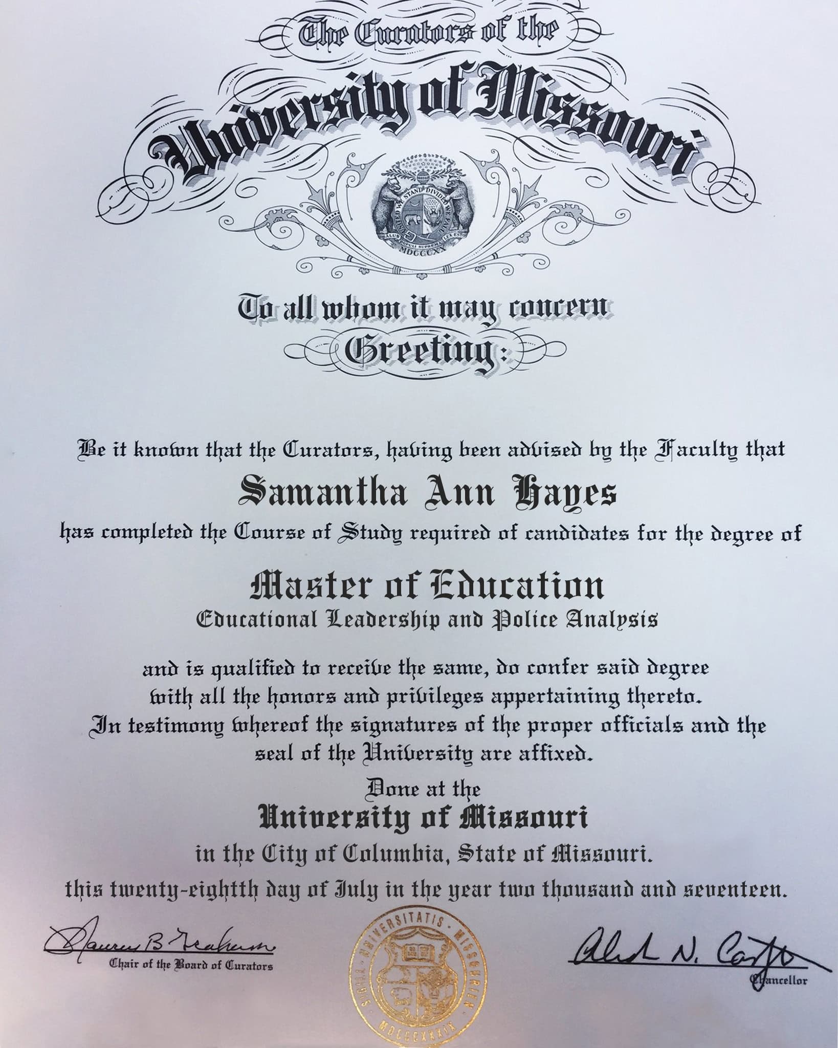 Editable Certificate from University Of Missouri Template