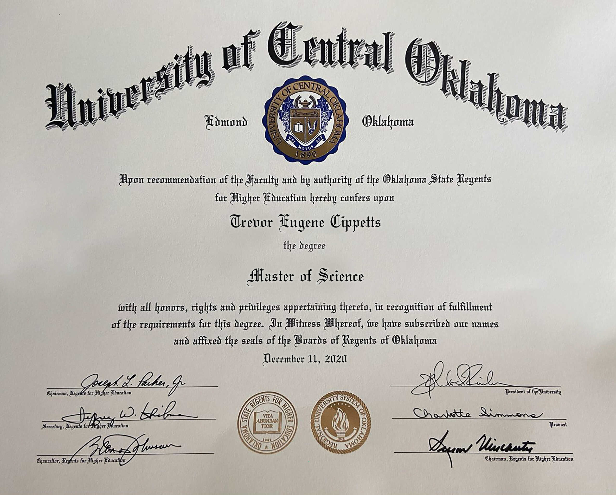 Editable Certificate from University of Central Oklahoma Template