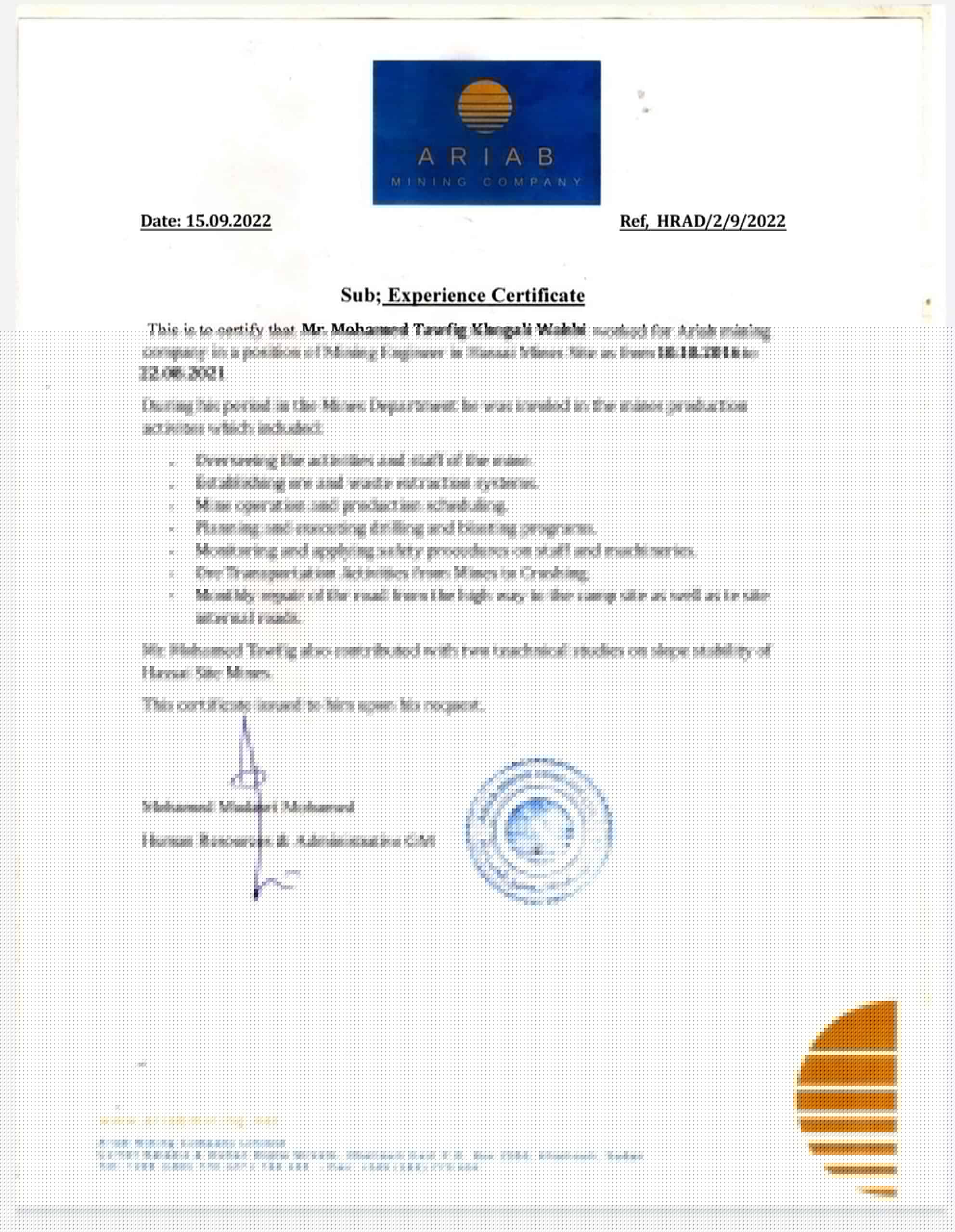 Purchase Realistic  abriab mining company Experience Certificate Templates | Easily Editable