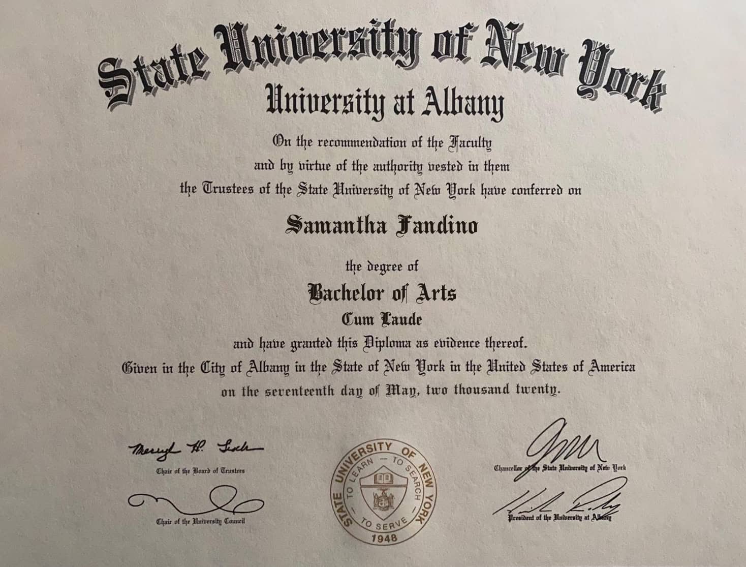 Authentic-Looking Editable certificate from State University of New York