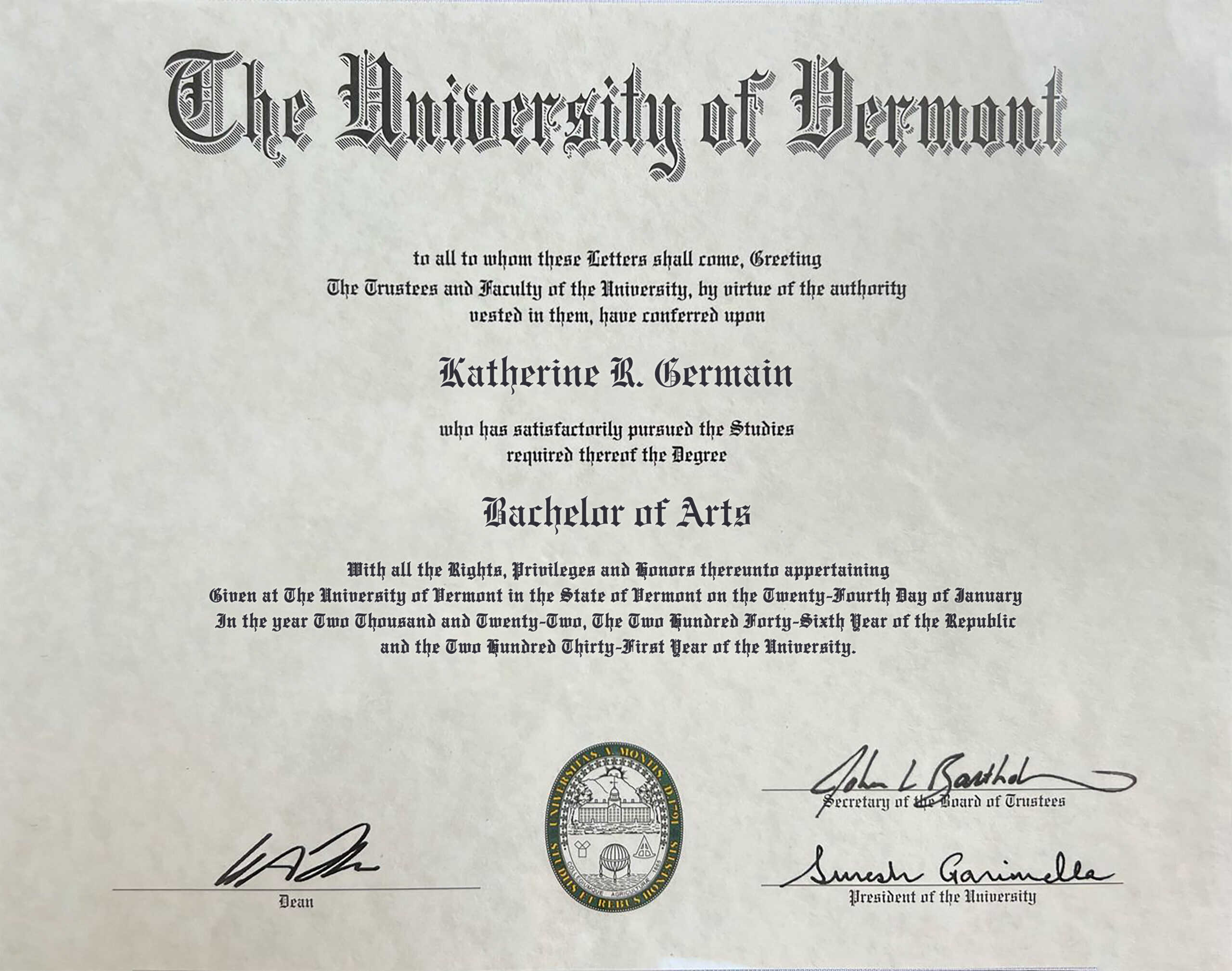 Editable Certificate from University of Vermont Template