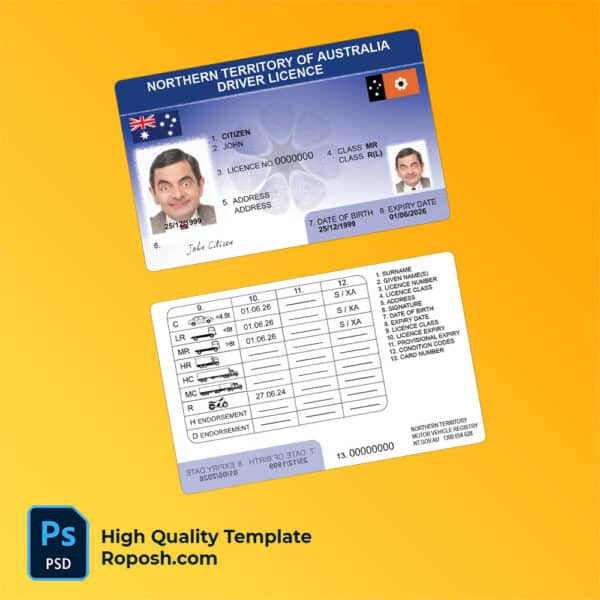 Australia Northern Territory driver license psd template