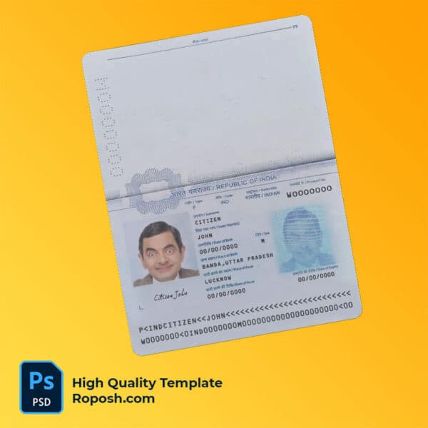 India passport template in PSD format, fully editable, with all fonts
