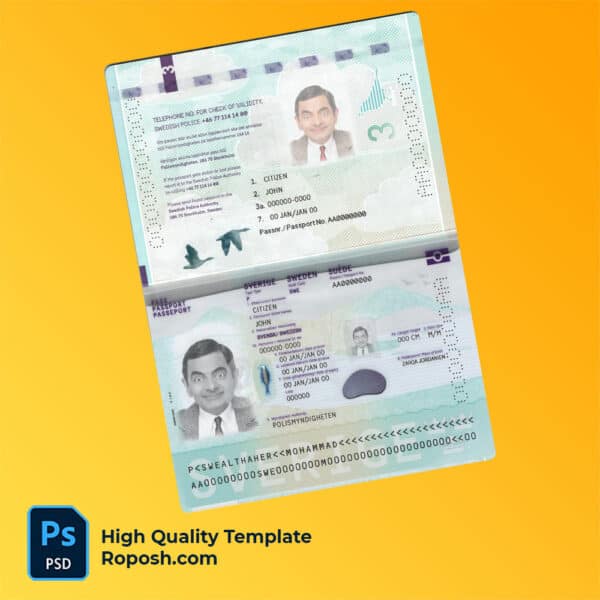 Sweden passport template in psd format, fully editable, with all fonts