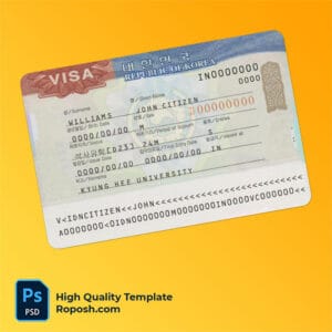 KOREA travel visa PSD template, completely editable, with fonts