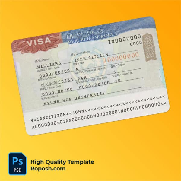KOREA travel visa PSD template, completely editable, with fonts