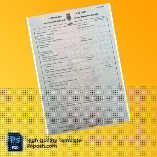 London Manchester death certificate word and pdf template