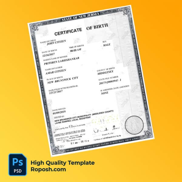 New Jersey birth certificate word and pdf template