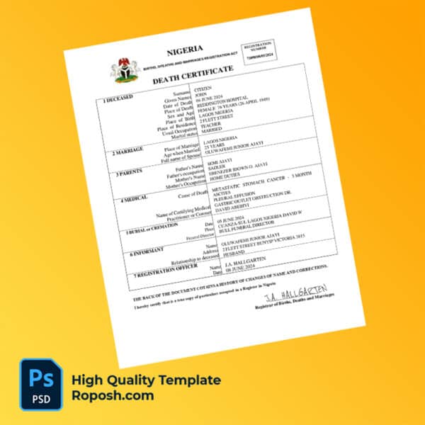 Nigeria death certificate word and pdf template