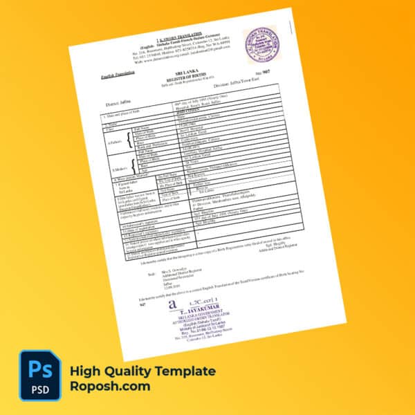 Srilanka birth certificate word and pdf template