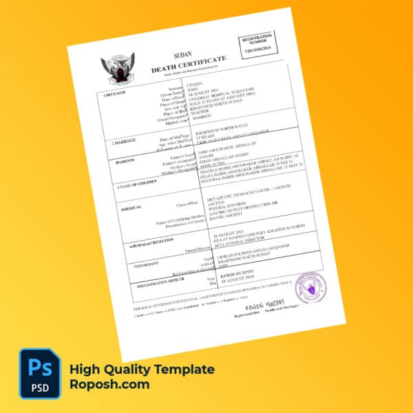 Sudan death certificate word and pdf template