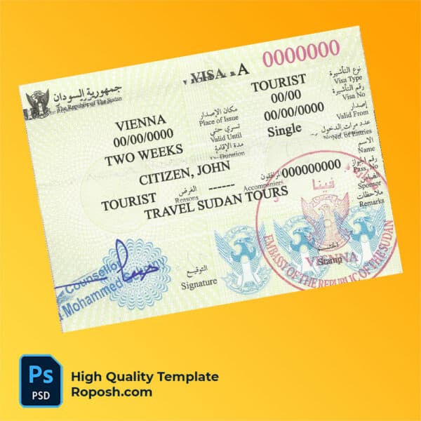Sudan travel visa PSD template, completely editable, with fonts
