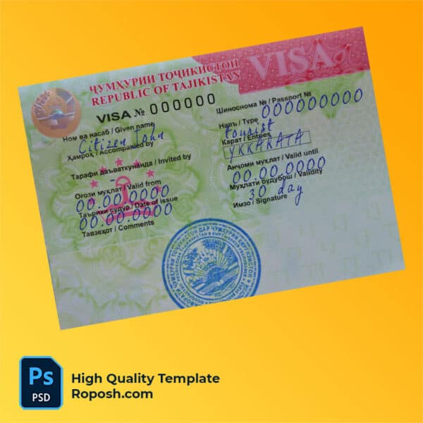 Tajikistan travel visa PSD template, with fonts