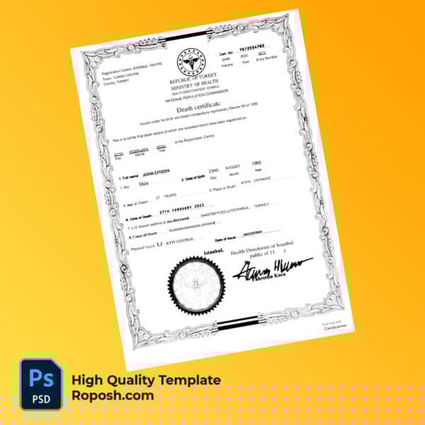 Turkey death certificate word and pdf template