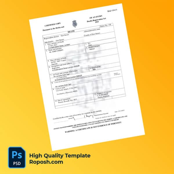 UK East Sussex death certificate word and pdf template