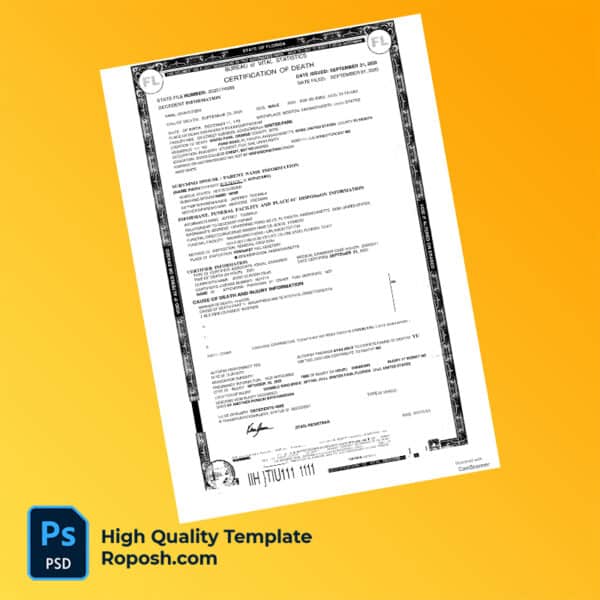 USA Florida death certificate word and pdf template