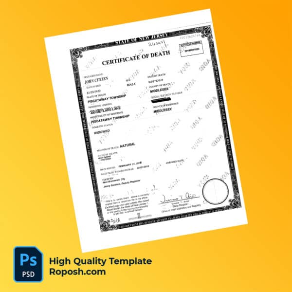 USA New Jersey death certificate word and pdf template