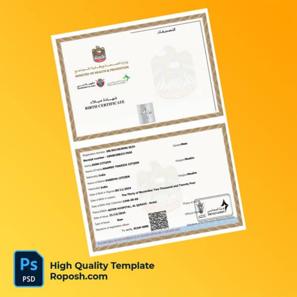 United Arab Emirates Dubai birth certificate word and pdf template