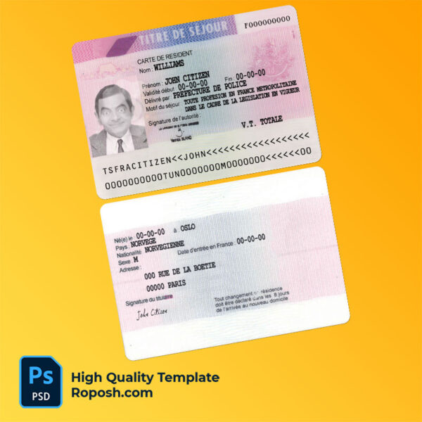 France residence permit (titre de séjour) template in PSD format, fully editable, with all fonts (2019 – present)