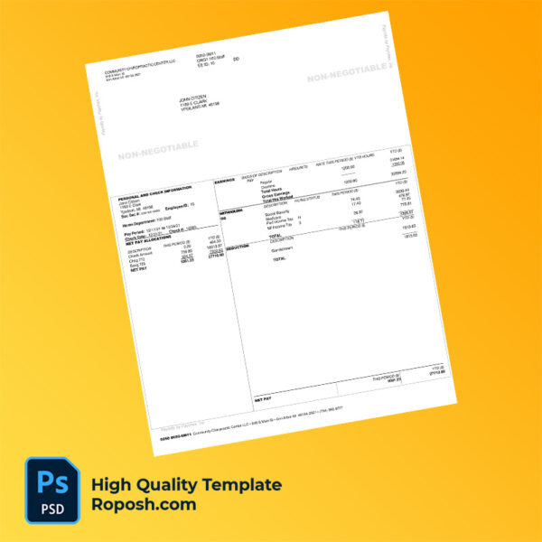 Community Chiropractic Center LLC check stub word and pdf template