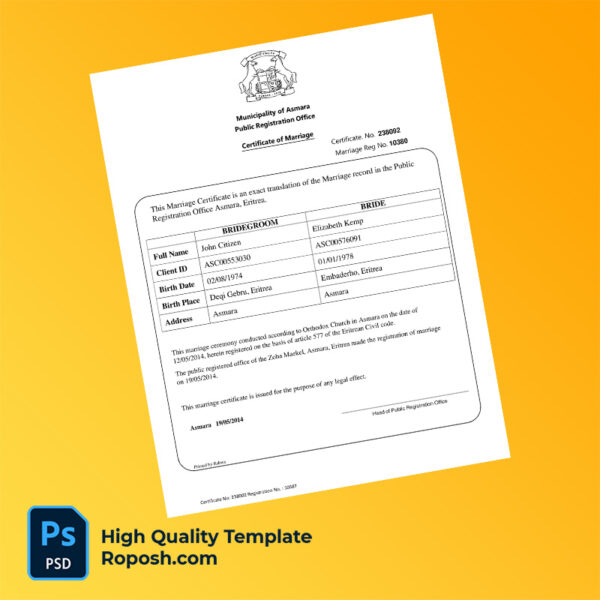Eritrea Asmara marriage certificate word and pdf template
