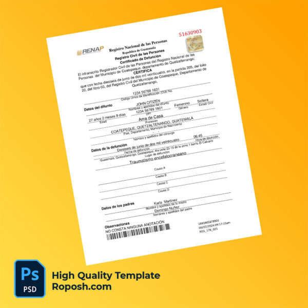 Guatemala death certificate word and pdf template