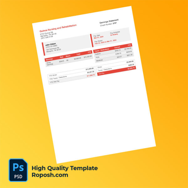 Quince Nursing and Rehabilitation earning statement word and pdf template