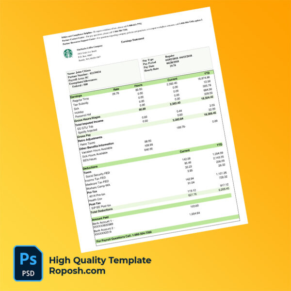 Starbucks Coffee Company earning statement word and pdf template